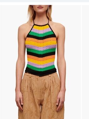 Maje Matrix Crochet Halter Neck Top in Black, Yellow, Green & Purple